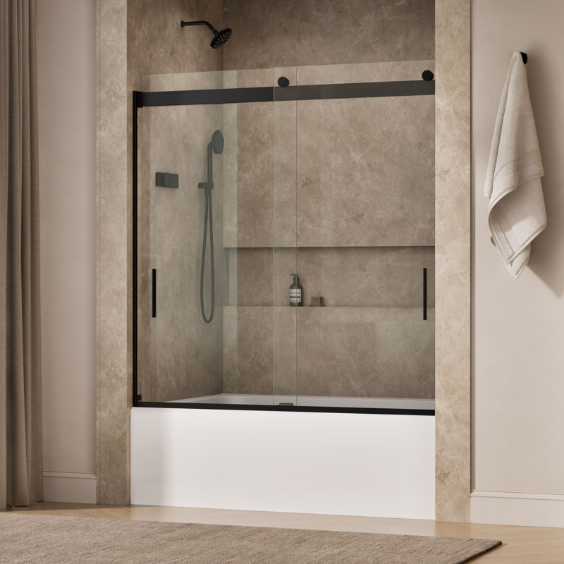 Levity 59.62" x 62" Bypass Bath Door with CleanCoat® Technology, Clear, Matte Black