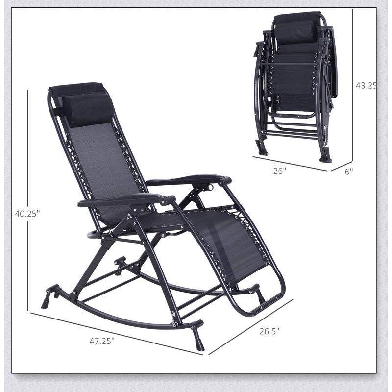 Outdoor Rocking Chairs, Foldable Reclining Anti Gravity Lounge Rocker w/ Pillow, Cup & Phone Holder, Black