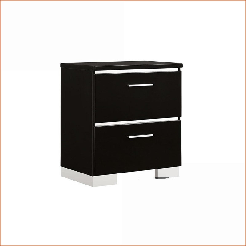 Table de chevet contemporaine noire très brillante avec chargeur USB et amp; Accents chromés