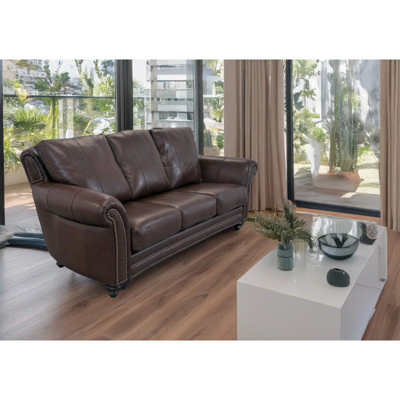 Stephie 90" Genuine Leather Rolled Arm Sofa, Berkshire Dark Brown Genuine Leather