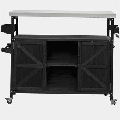 Plateforme d'îlot de cuisine extérieure avec chariot à roulettes, table de barbecue en bois de style rustique avec plateau en acier inoxydable, support à épices, porte-serviettes, convient pour la cuisine et le barbecue, noir