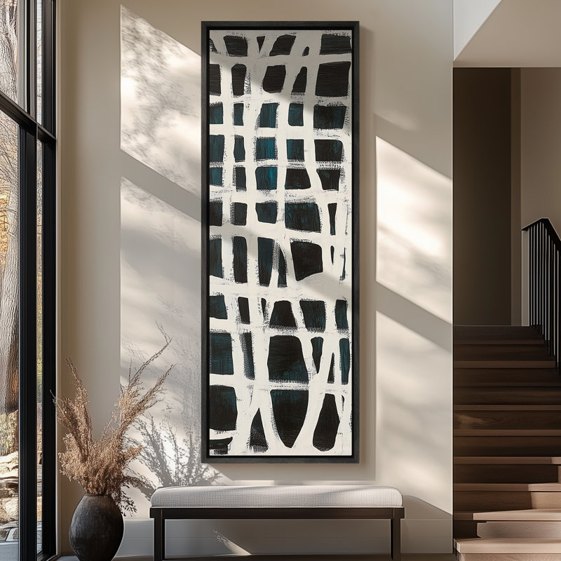 Abstrait ivoire et motif quadrillé noir sur fond bleu sarcelle foncé - impression sur toile encadrée de la chambre principale