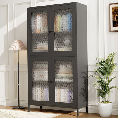 Classic Metal Storage Cabinet Display Cabinet With 4 Glass Doors 4 Shelves Cabinet Freestanding Bookcase Side Cabinet For Home Office Living Room Kitchen Hallway - Black, Begonia Flower Tempered Glass