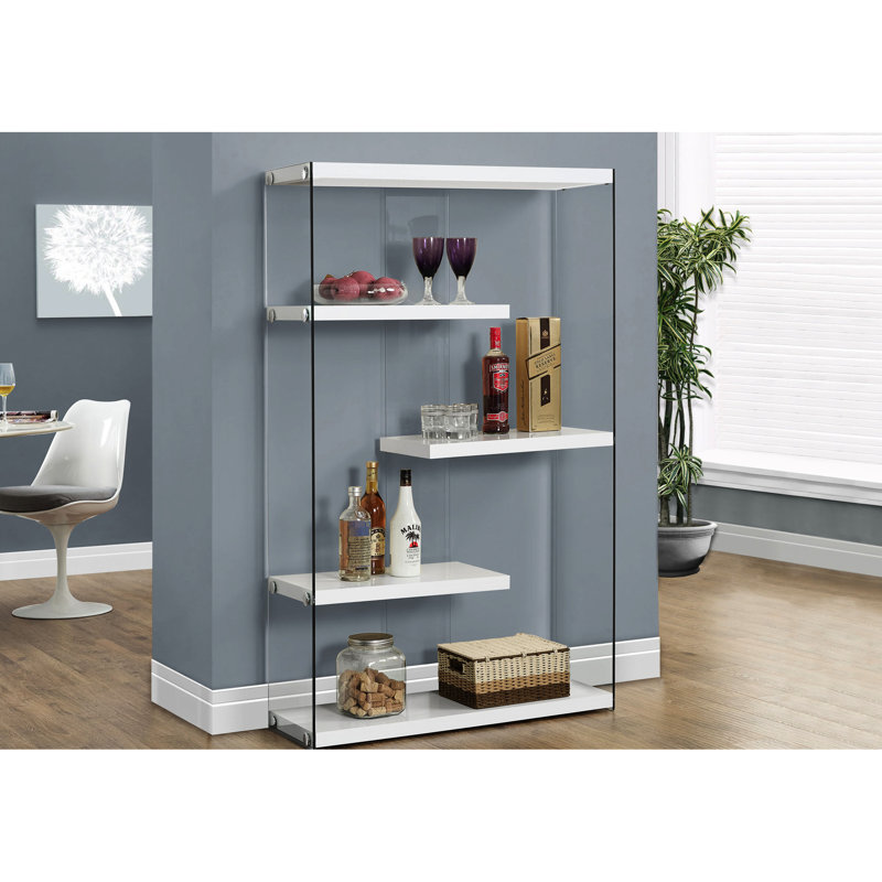 Bibliothèque 60 po H 5 niveaux en stratifié blanc brillant, avec verre trempé, chambre à coucher moderne et accessoire de bureau, tablette élégante transparente