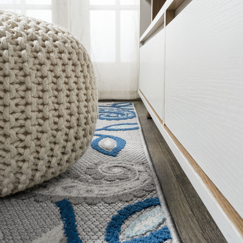 Nidavellir Paisley High-Low Blue/Light Gray Indoor/Outdoor Rug, Runner 2'3" x 10'