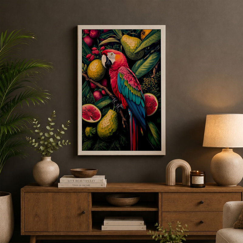 Macaw Among Fruits Tropical - Wrapped Canvas, 36x24 - 91.4 x 61.0 cm, Cream Border