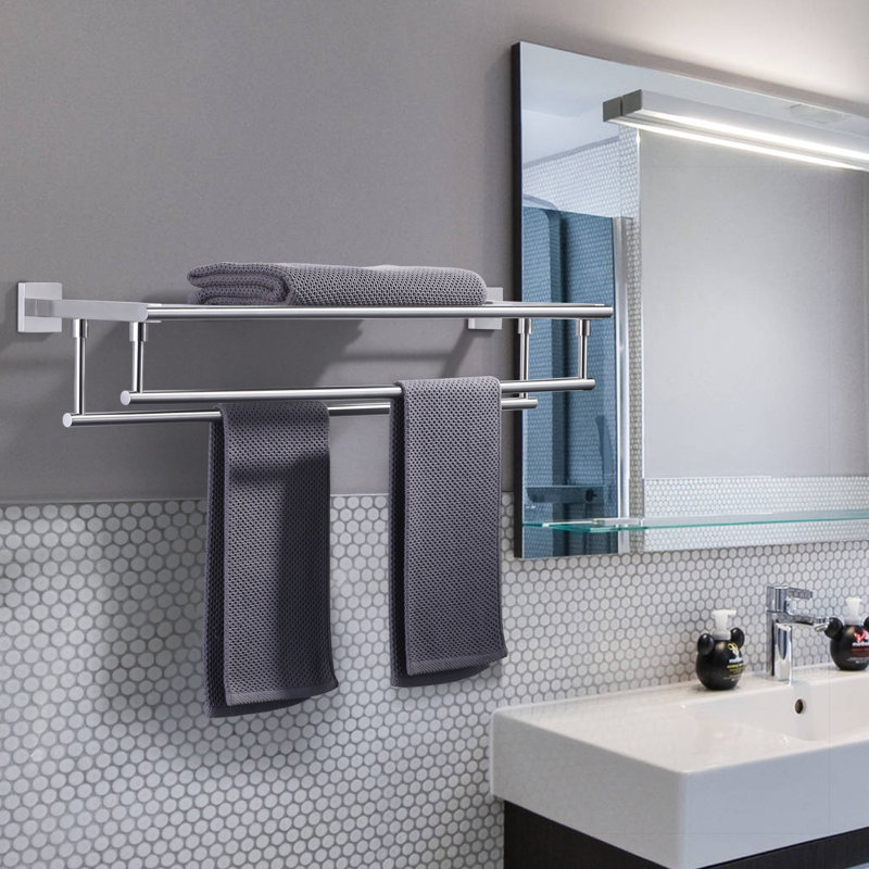 Porte-serviettes mural en acier inoxydable à 2 niveaux avec 2 barres à serviettes rondes 20 po, H 5,5 po x l 32 po x P 8 po