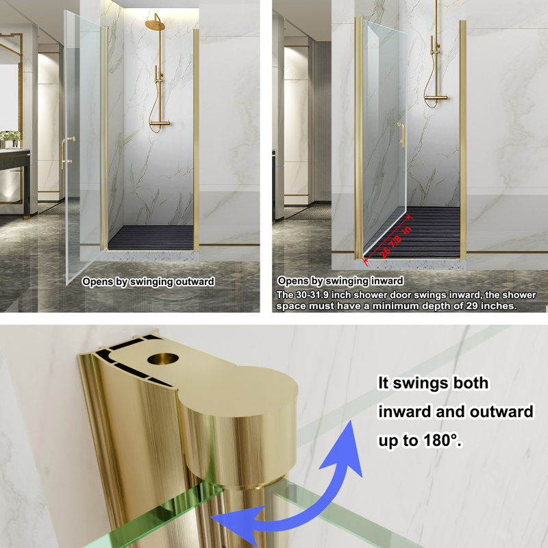 30-31.9 in. W x 72 in. H Pivot Swing Frameless Shower Door with Clear SGCC Tempered Glass, Brushed Gold