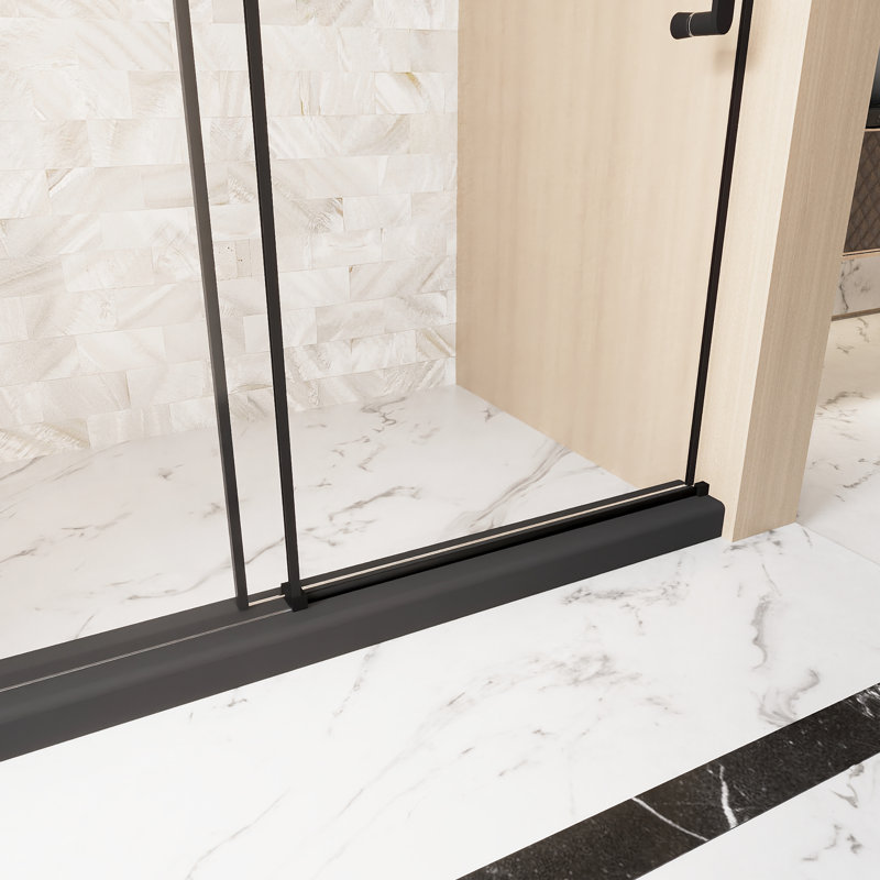 1/4 " 6 Mm  Clear Tempered Glass Single Sliding Shower Door 56 - 60 "W X 76" H, Film, Stainless Steel Square Tube Track, Matte Black, Handle For Bathroom In With Proof Track And