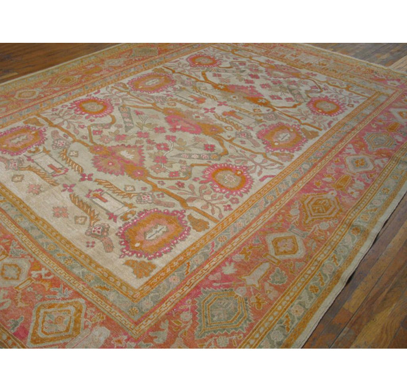 Beautifully Decorative Light Ivory Background Antique Turkish Oushak Rug