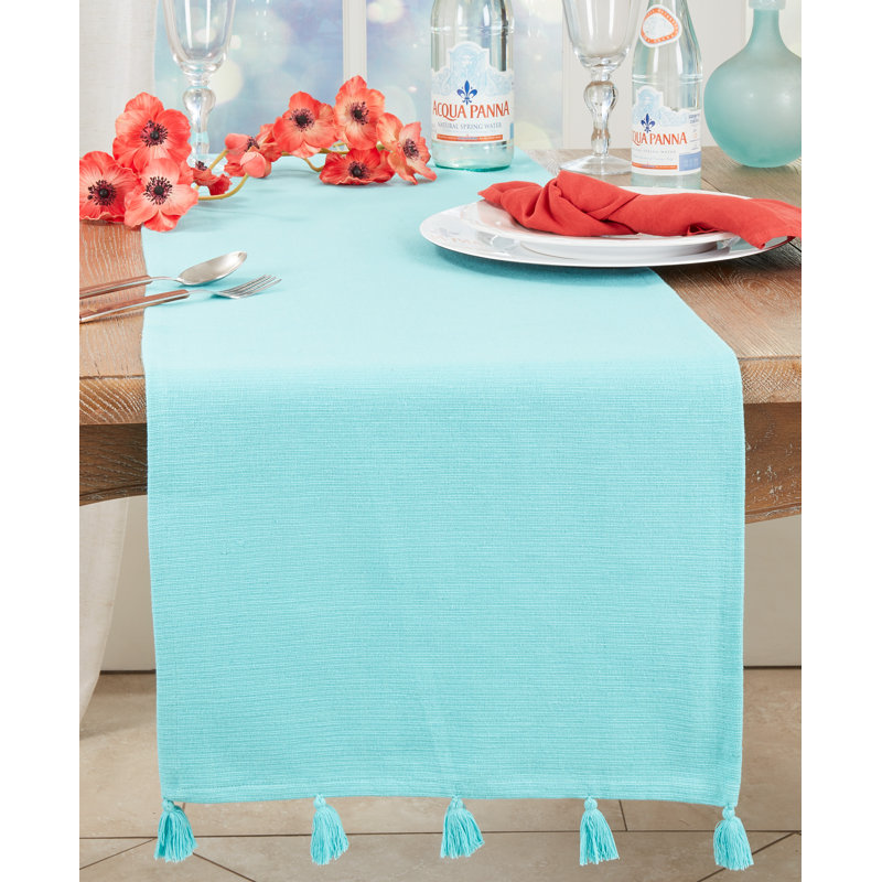 Turquoise Cotton Modern Minimalist Tassel Table Runner