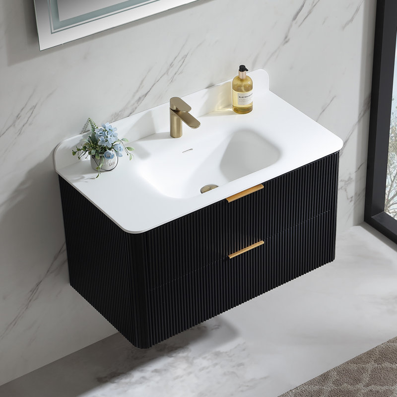 Meuble-lavabo mural flottant avec plateau en acrylique, Noir, 36"