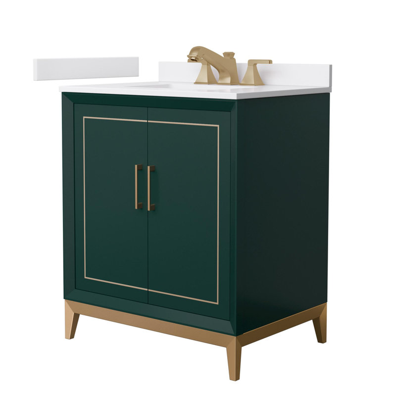 Meuble-lavabo simple autoportant 30 po avec plateau en marbre Marlena, Vert, Bronze satiné
