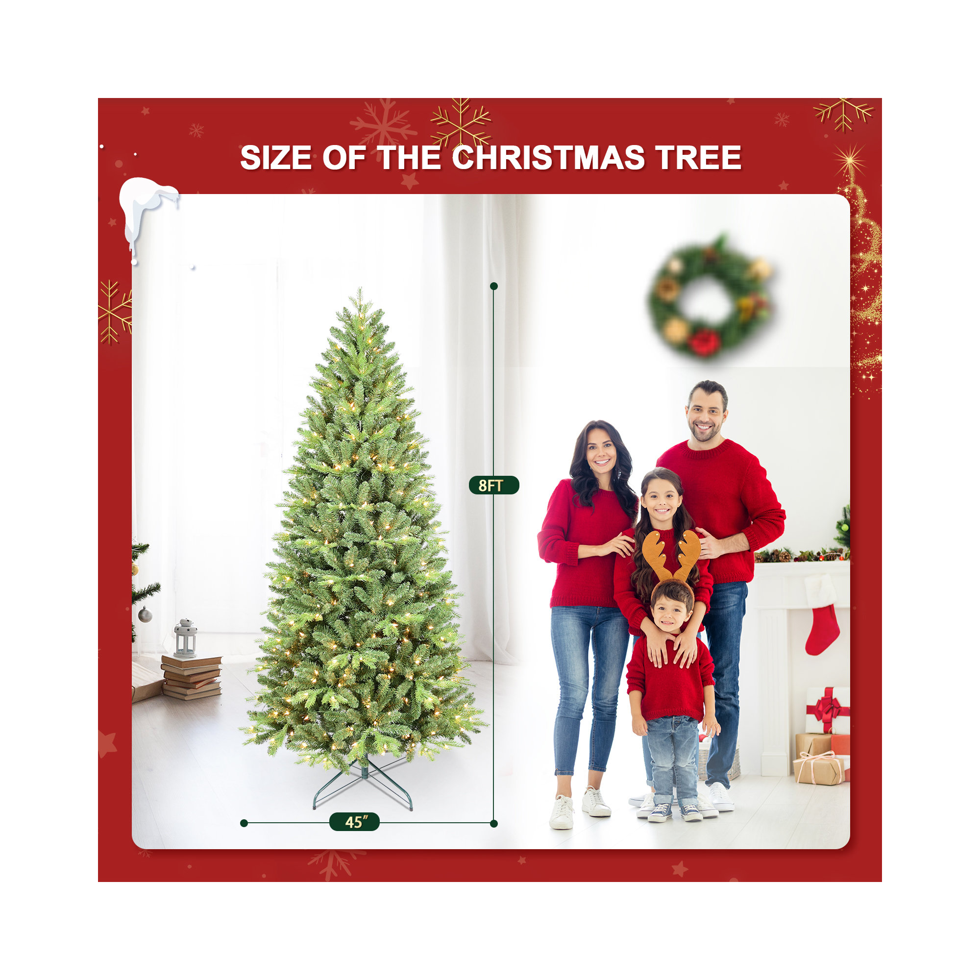Pre-lit Christmas Tree Artificial Pencil Christmas Trees - Hinged Spruce Xmas Tree With Warm Lights, Pe&pvc Mixed Branch Tips, Metal Stand&easy Assembly