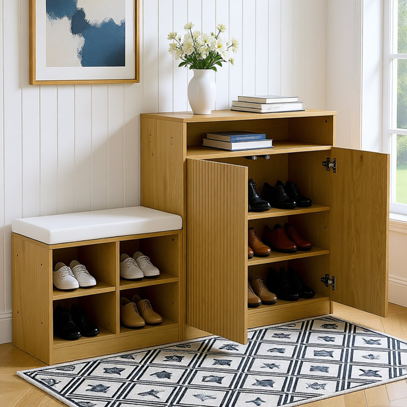 Shoe Cabinet With Bench And Cushion, Natural Wood