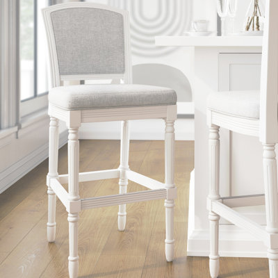 Tabouret de bar blanc avec assise de 31 pouces de hauteur, revêtement et dossier gris, pieds texturés tournés pour la salle à manger ou la salle de jeux