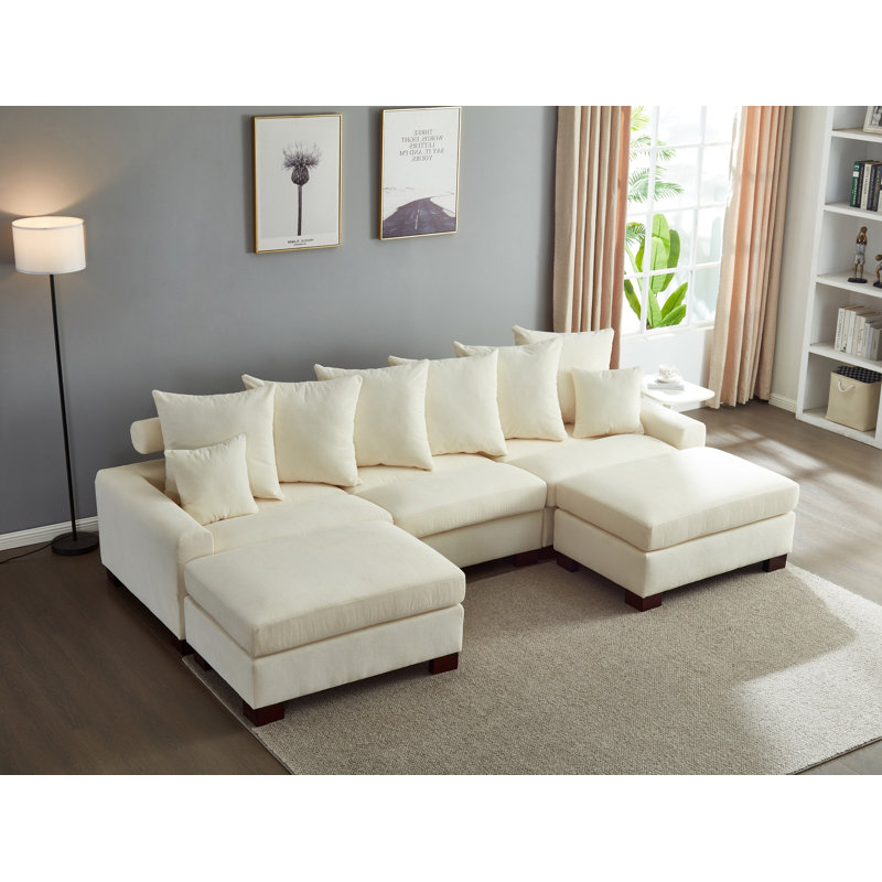 Canapé modulaire rembourré 5 pièces Kayoir, Velours côtelé beige