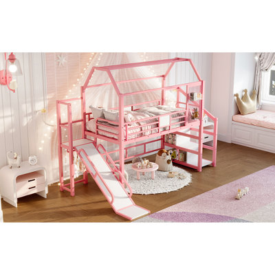 Pink Twin Metal Loft Bed With Slide, Stairs, Guardrails, Storage And Noise - Structure For A Cheerful Dreamy Space House Shaped Frame Shelf Safe Playful Bedroom