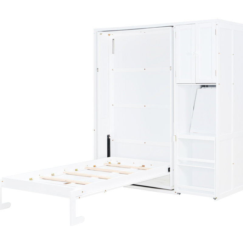 Lit rotatif blanc simple avec bibliothèque, armoire supérieure pour le rangement de la literie, bureau coulissant et zones polyvalentes latérales adaptées