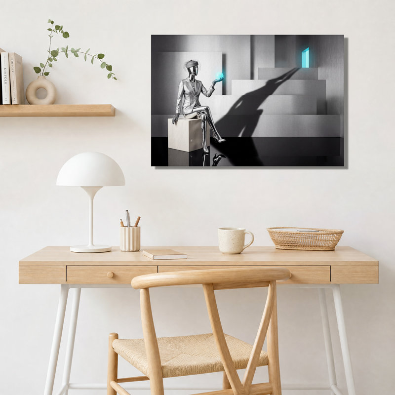 Silver Android Holding Blue Orb On Steps Canvas Wall Art, 16"H x 24"W