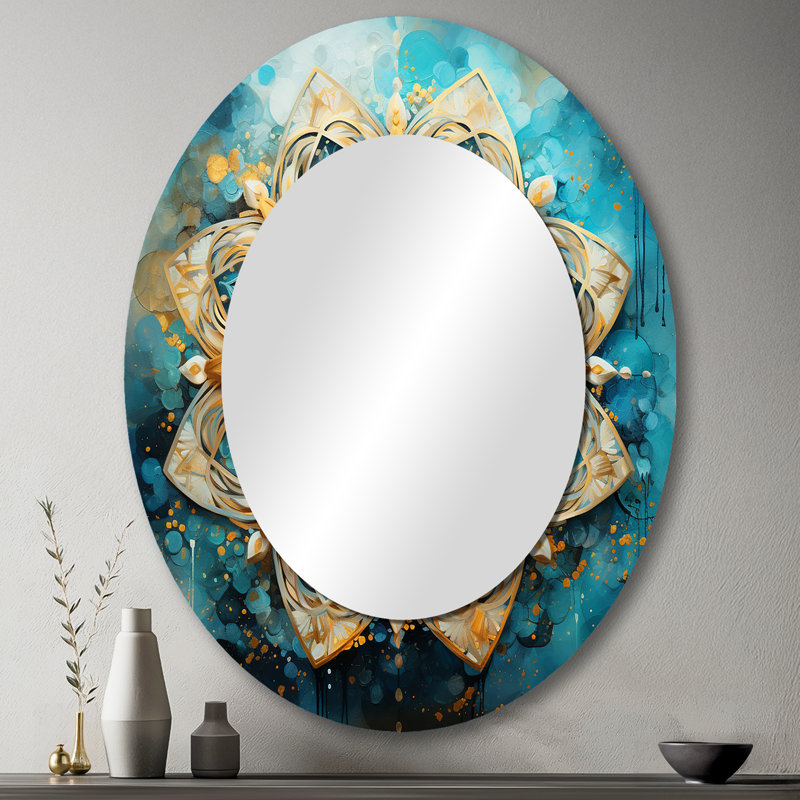 Mandala divin en or rétro et turquoise III - décor de miroir mural ovale doré, 43 po x 33 po