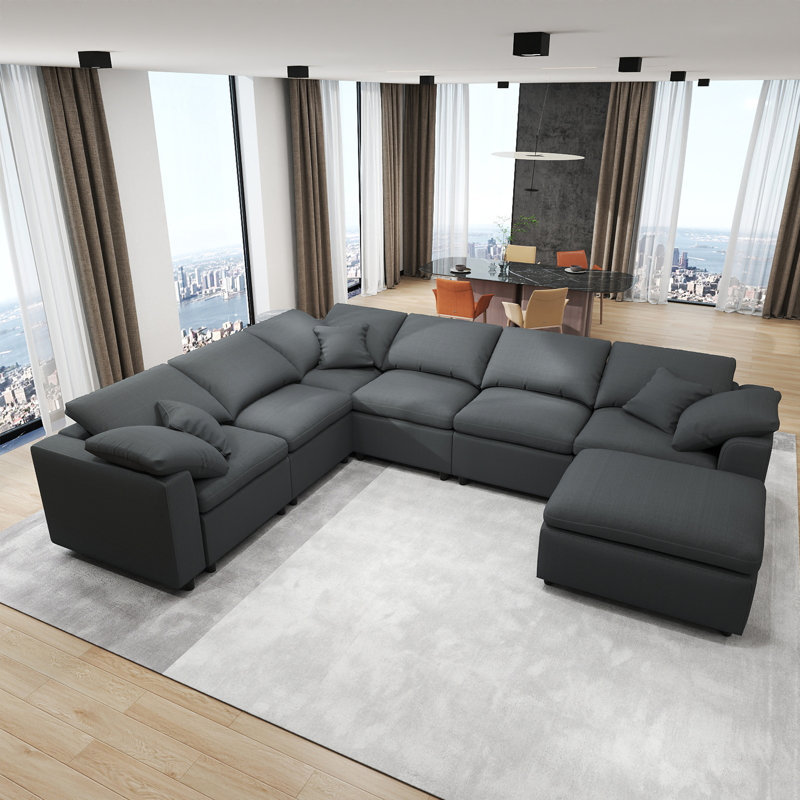 125" 7-Seater Oversized Modular Chenille Sectional Sofa, Reversible L-shape Design With Movable Ottoman, Gray Chenille