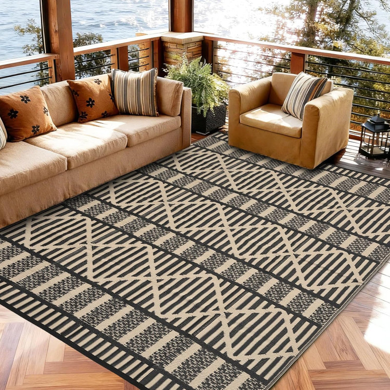 Outdoor Rug Modern Striped Geometric Area Rugs for Indoor and Outdoor Patios and Porches - Waterproof, Washable, Non-Shedding, Easy-to-Clean Outside Carpet，Black/Coffee