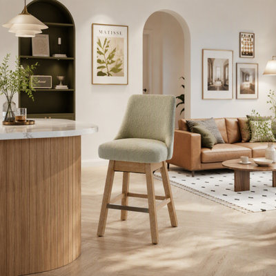Ensemble de 2 tabourets de bar pivotants à 360°, hauteur de comptoir avec dossier, revêtement en tissu bouclé de style moderne du milieu du siècle, pieds en bois massif