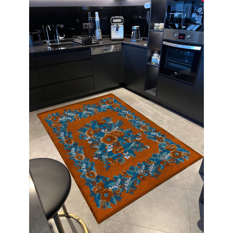 Tapis décoratif tissé à motif floral turquoise Karabagh, Rectangle 4 pi 11,06 po x 9 pi 10,11 po