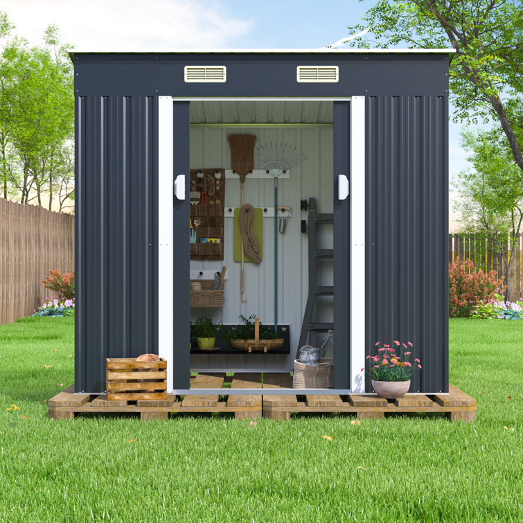 Sandinrayli 4' x 6' Garden Tool Storage Utility Shed Outdoor House Galvanized Steel w/Sliding Door