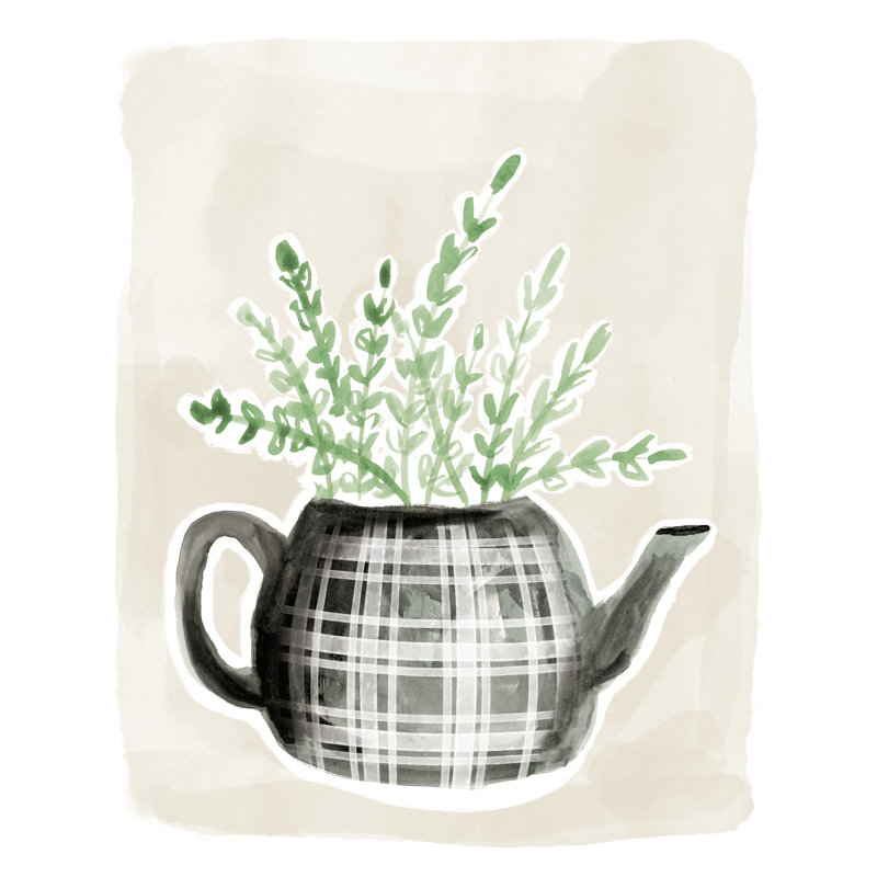 Tea Pot with Leaves - Painting Print, 30 cm H x 20 cm W, Wrapped Canvas