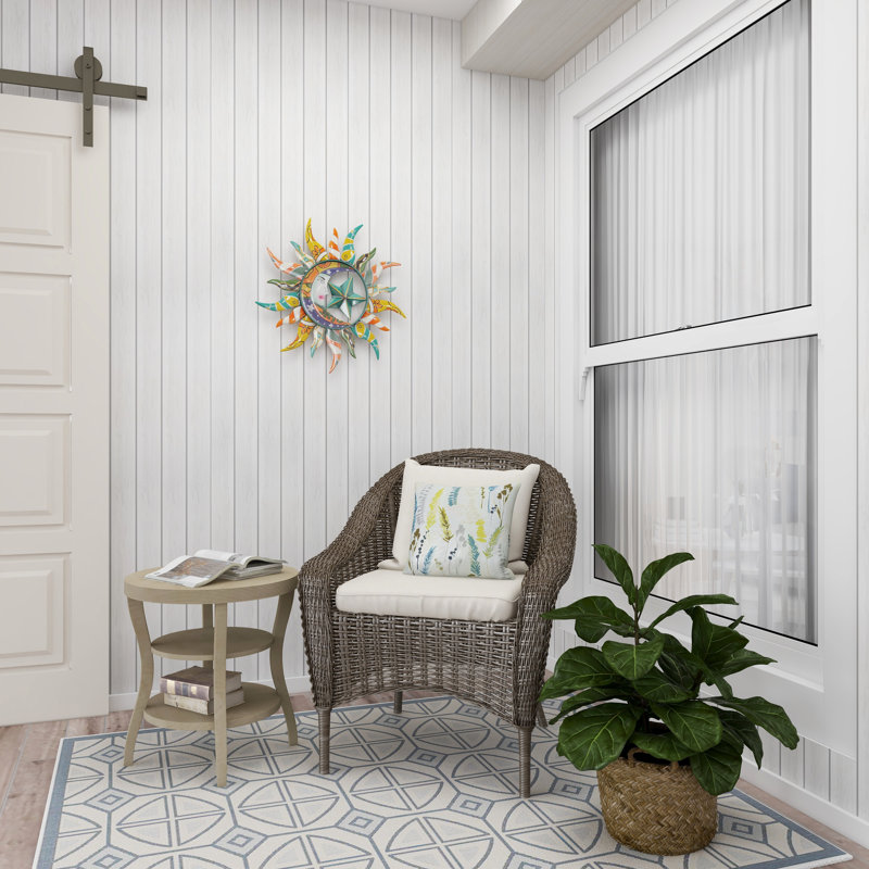 Metal Indoor Outdoor Abstract Patterned Sun and Moon Wall Decor with Accents, Blue Multi
