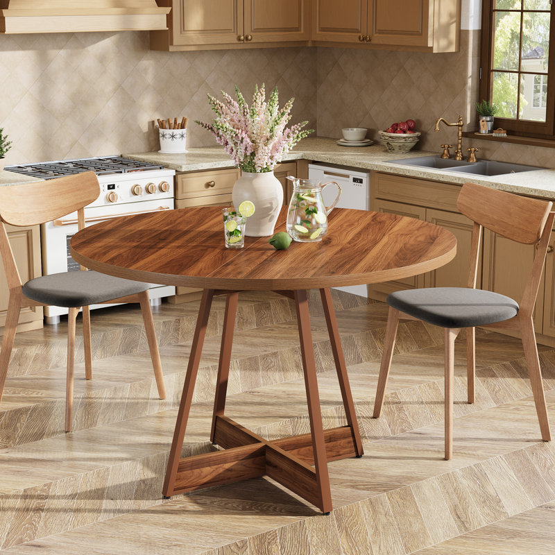Table de salle à manger ronde pour 4, table de salle à manger de style campagnard de 39,4 po avec base en bois renforcée, convient pour la cuisine, le salon, noyer