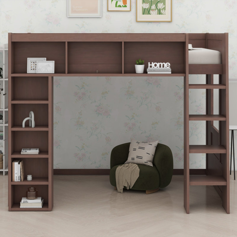 Wooden Loft Bed With Storage Shelves, Brown
