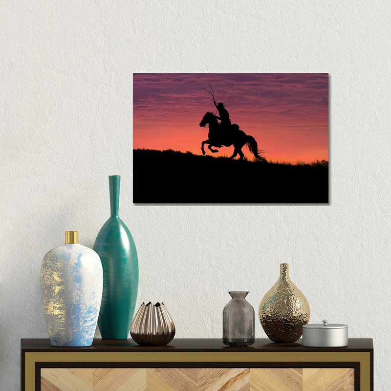 USA, Wyoming, Shell, The Hideout Ranch, Silhouette Of Cowboy And Horse At Sunset by Hollice Looney - Gallery-Wrapped Canvas Giclée on Canvas