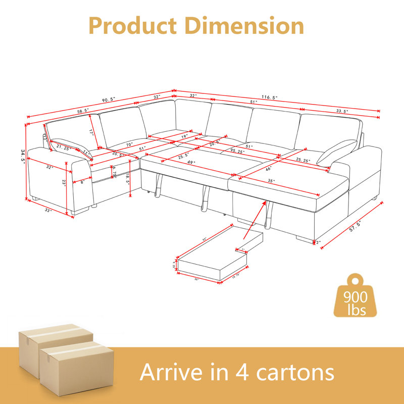 Oversized U-Shaped Sectional Sofa Bed Pull Out Sleeper Couch With Storage Chaise For Living Room, Dark Gray Polyester
