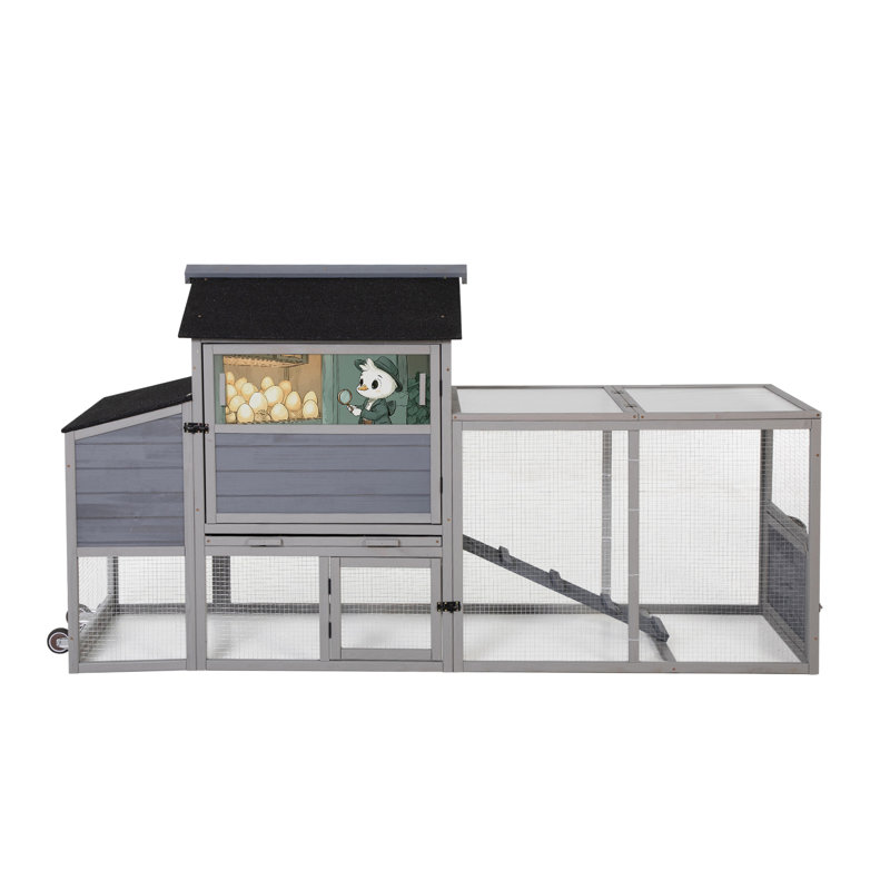Poulailler mobile pour petits animaux avec portes, fenêtre et motifs gris colorés, planche de soleil d'extérieur adaptable Smart