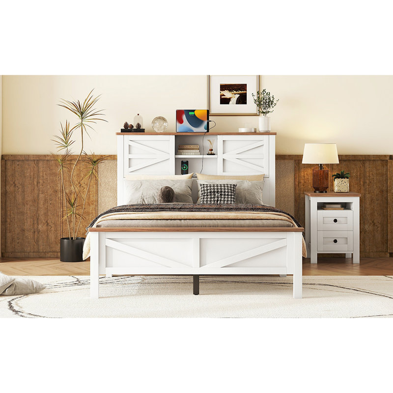 Lit plateforme double en bois rustique pleine grandeur avec porte de grange coulissante double et option de chargement, blanc et brun, tête de lit et pointe de rangement à lattes, taille, finition blanche