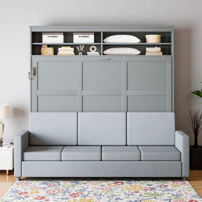 Grand lit escamotable gris avec canapé, meubles convertibles peu encombrants pour maisons modernes