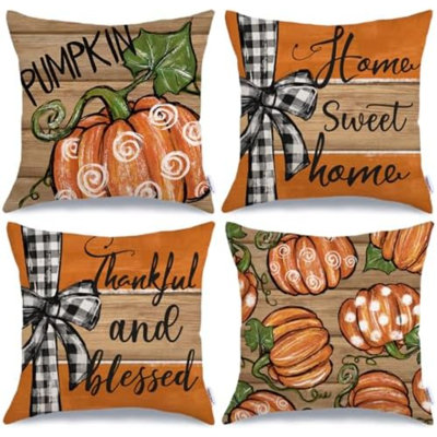 Fall Home Sweet Home Pumpkin Throw Pillow Covers 16x16 Inch Set of 4, Thankful and Blessed Autumn Holiday Seasonal Striped Decorative Farmhouse Cushion Cases for Home