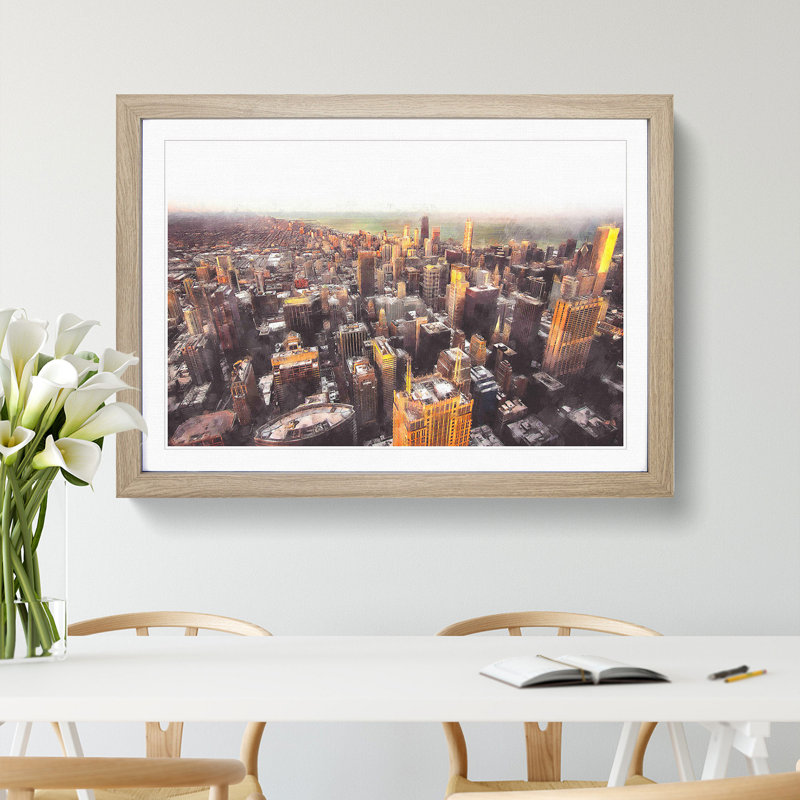 Flying over the Chicago Skyline - Picture Frame Graphic Art Print, 33cm H x 45cm W x 2cm D, Oak Framed