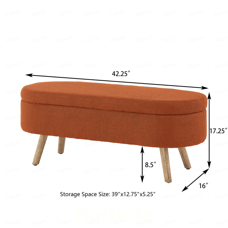 Banc ottoman de rangement ovale de luxe en tissu bouclé avec pattes en bois, capacité de charge de 159 kg et charnière de sécurité, pour salon, chambre ou entrée.