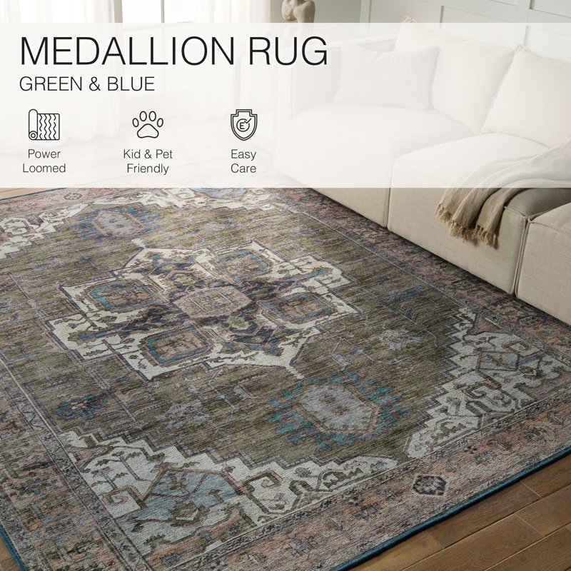 Beesley Machine Washable Green/Blue Rug, Rectangle 7'10" x 10'