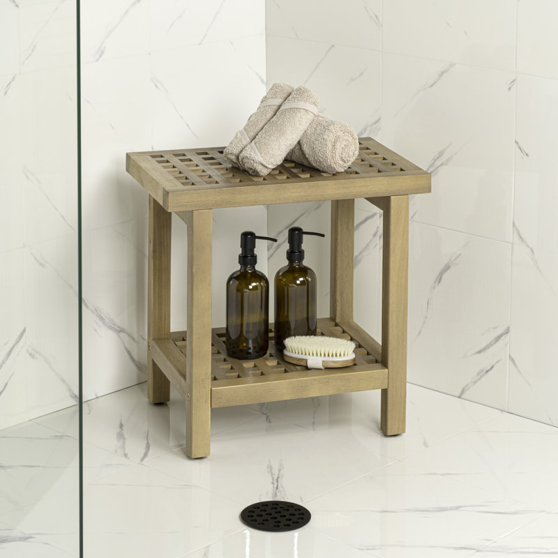 Armin 18" Modern Light Teak Acacia Wood Shower Stool with Storage Shelf, Heavy Duty Slatted Bath Spa Bench for Bathroom, Shower & Entryway