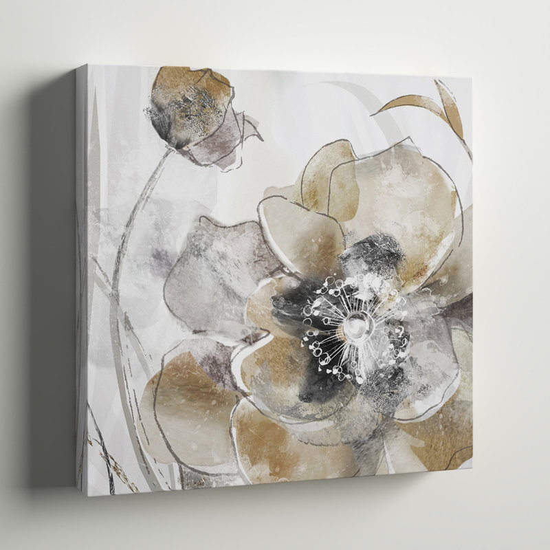 Taupe Spring Poppy I - Matted and Framed Under Acrylic Glass, Large Living Room Wall Art, 16" H x 16" W x 1.5" D
