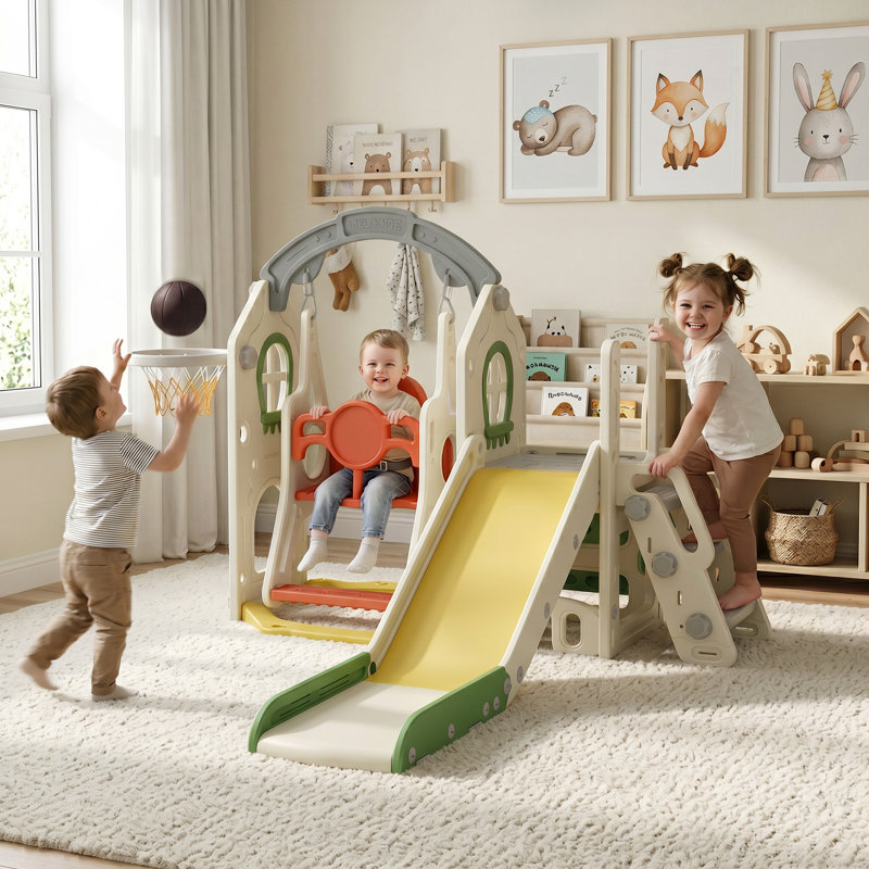 Ensemble 5-en-1 de glissade et de balançoire pour tout-petit avec balançoire réglable, crème