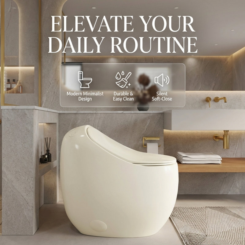 Toilette monobloc 1,28 GPF en forme d'œuf, siège à fermeture douce, blanc brillant