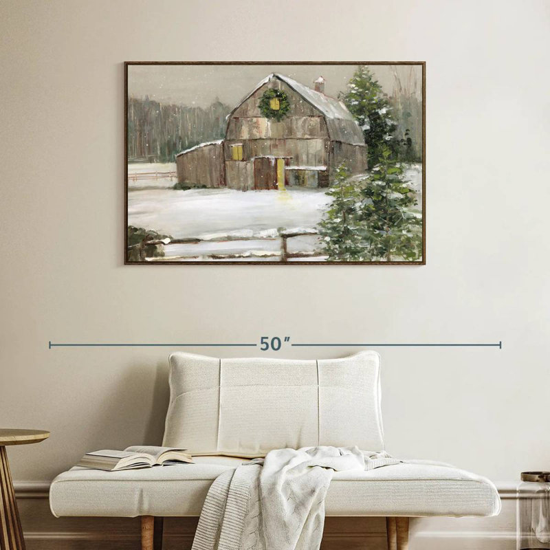 Grange enneigée, Cadre flottant en noyer, 40 po x 27 po