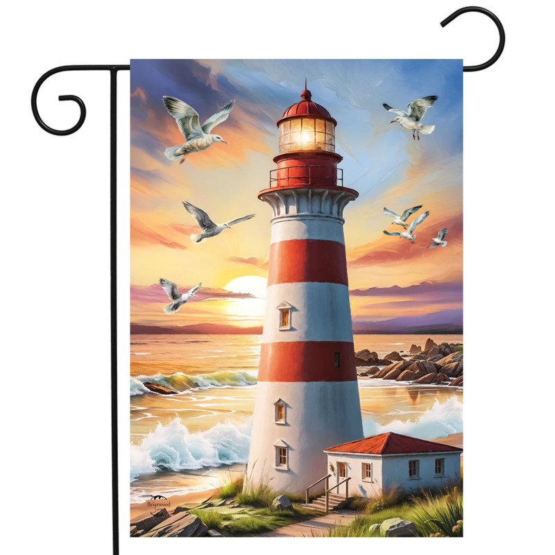 Lighthouse At Sunset Garden Flag