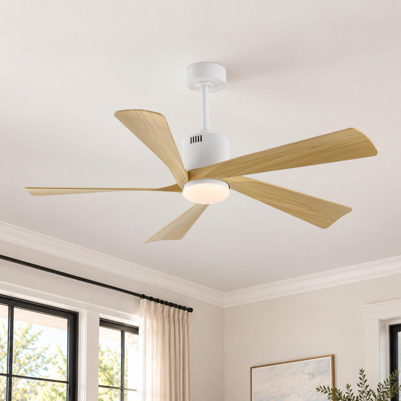 Ventilateur de plafond à DEL 5 pales 52 po avec ensemble d'éclairage et télécommande, Bois naturel